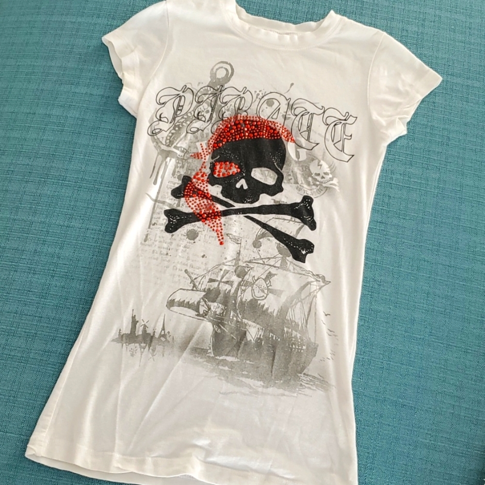 WHITE BLINGED SKELOTON TEESHIRT XS